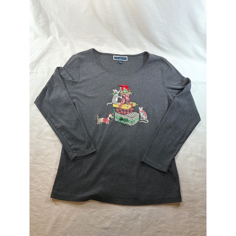 Karen Scott Womens Gray Christmas Holiday Graphic Top Cats Dog Bows Large